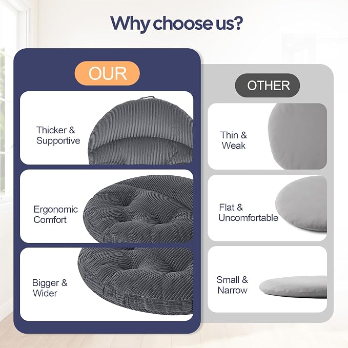 Meditation Cushion, 32 Inch Large Round Floor Pillow, Dark Grey | Soft Tufted Corduroy Meditation Pillow for Adults with Handle for Yoga, Cozy Meditation Mat for Reading and Tatami Seating
