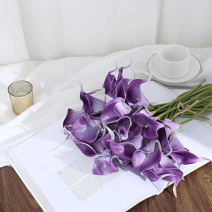 24 Pcs Purple Artificial Calla Lily Flowers Fake Purple Silk Flowers Real Touch for Wedding Bouquet Office Home Kitchen Decor