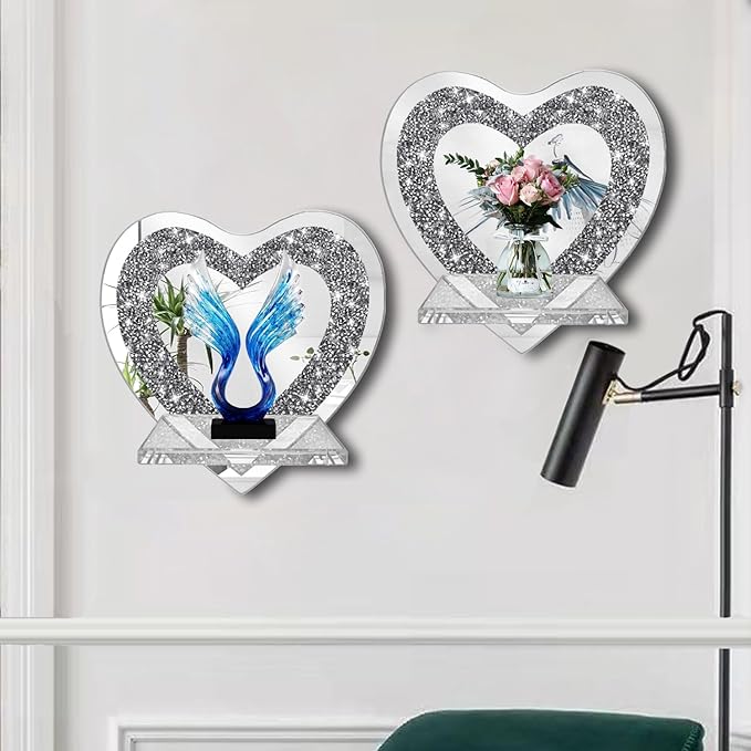 ZOLAPI Set of 2 Crystal Crush Diamond Candle Sconces, Gorgeous Silver Mirrored Wall Sconce, Candle Holder Glass Wall Decorations for Home Décor, Living Room, Dining Room.Heart Shaped