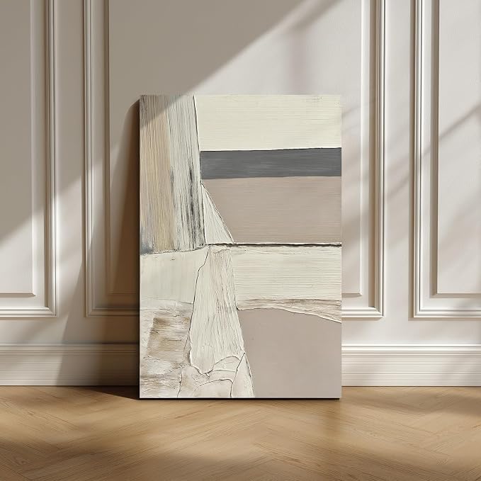 Abstract Canvas Wall Art, 24x36" Hand Painted Original Neutral Oil Painting | Textured White Beige Gray Layered Composition Modern Vertical Wall Decor for Living Room Bedroom Office Framed Ready to Hang