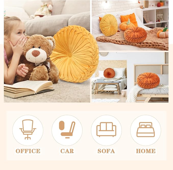 Drydiet 4 Pcs Round Throw Velvet Pillows Decorative Pleated Throw Pillows Diameter Accent Pumpkin Boho Chair Cushion for Couch Sofa Home Decoration (Burnt Orange,Yellow,15'')