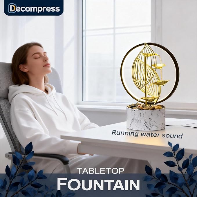 Qingyinge 15'' H Large Golden Tabletop Water Fountain with Led Light for Indoor Meditation Yoga Spa Room Decor