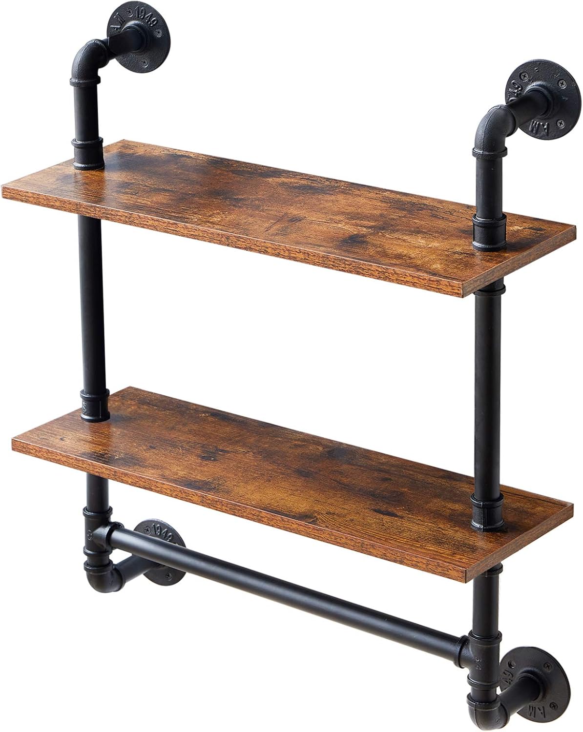 IBUYKE Pipe Floating Shelves,Rustic Iron 28.5 inches Industrial Pipe Shelf,2-Tier Wall Shelf with Towel Bar,Wall Mount Bookshelf for Bedroom,Kitchen,Living Room,Bathroom URF-TM014