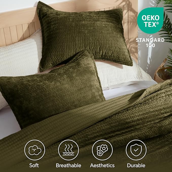 BEDELITE Velvet Quilt Set King Size - Luxury Soft Velvet Comforter Bedding Set for All Season, Lightweight Quilted Channel Stitch Oversized Bedspread Coverlet with 2 Matching Shams, Olive Green