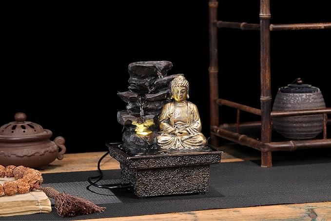 Tabletop Water Fountain Buddha Statue Desktop Indoor Waterfall Fountain Tabletop Humidifiers Home Decoration for Office, Living Room, or Bedroom