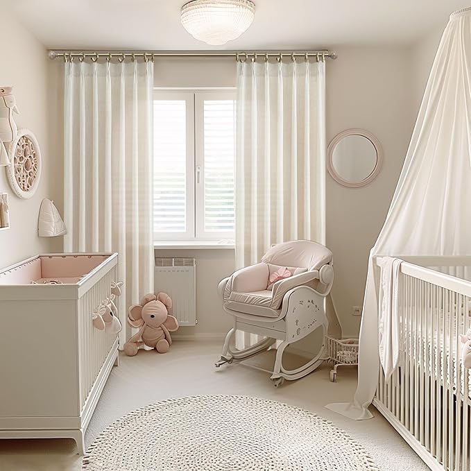 Cream Beige Pleated 92 Inch Boho Curtains for Bedroom 2 Panels Set, Farmhouse Ivory Linen Sheer Nursery Curtain Light Filtering Privacy Pleat Heavy Window Drapes with Hooks Rings 40" W x 92" L Length