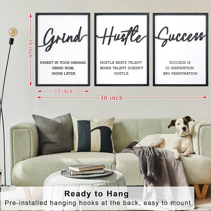 3D Wood Inspirational Office Wall Decor, 36" x 16" Framed Grind Hustle Success Motivational Wall Art, Positive Quotes Wall Art for Home Office Bedroom (Ready to Hang, Set of 3, Framed)