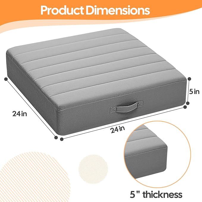 MeMoreCool Square Floor Pillow for Adults and Kids, Large Meditation Cushion with Thick Foam and Washable Tufted Cover, 24-Inch Grey Seat for Sitting and Yoga