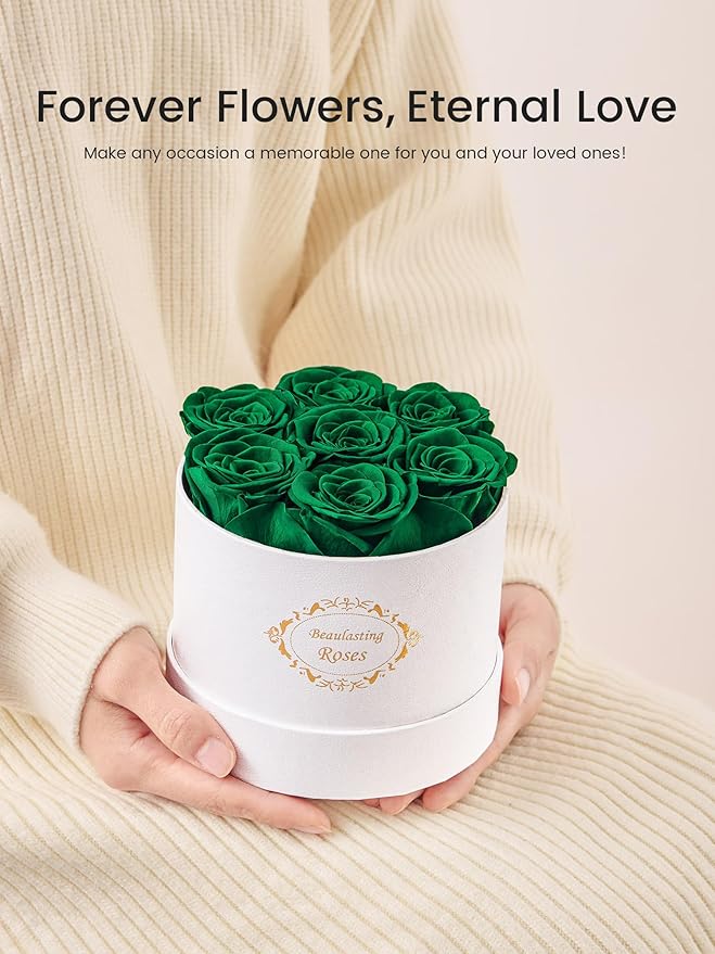 Beaulasting Long Lasting Preserved Roses in a Box Last a Year Forever Flowers for Her Mom Wife Anniversary Birthday (Round White Box, Blackish Green)