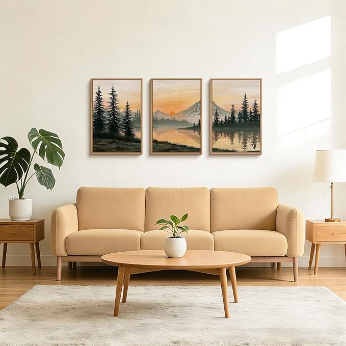 LHIUEM Nature Mountain Sunset Framed Canvas Wall Art,Boho Pine Trees Wall Decor,Sunset Forest Lake Painting,Modern Landscape Artwork for Living Room,Bedroom,Dining Room -24"x36"x3