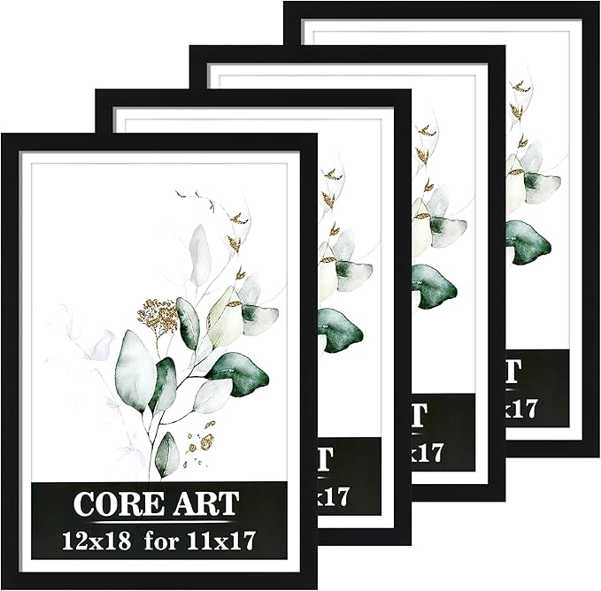 CORE ART 12x18 Picture Frame Set of 4, Display Pictures 11x17 with Mat or 12 x 18 without Mat, Multi Photo Frames Collage for Wall or Tabletop Display, Black