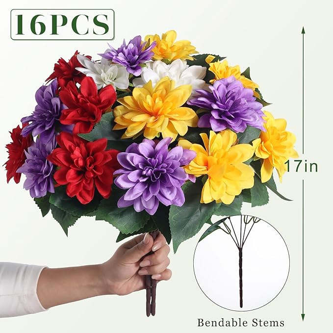 VIERENA 16 Bundles Artificial Dahlia Flowers for Outdoors Spring Summer Decor, No Fade Silk Flower Faux Dahlias Plant Arrangement for Home Garden Balcony Farmhouse（Mixed Color）