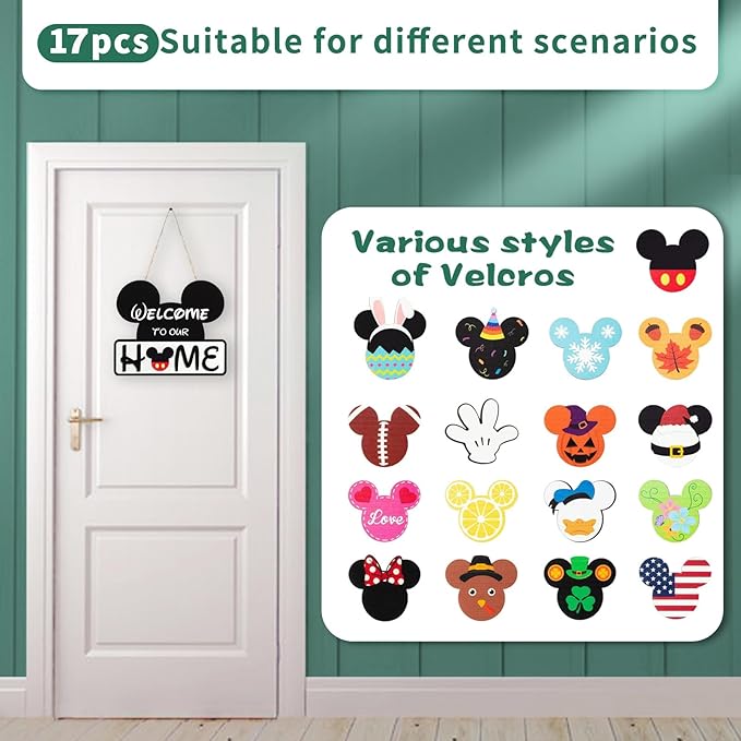 Cute Mouse Interchangeable Seasonal Welcome Door Sign for Front Door Decor, Interchangeable Welcome to Our Home Sign for Farmhouse Wall Porch Decor, Housewarming Gift
