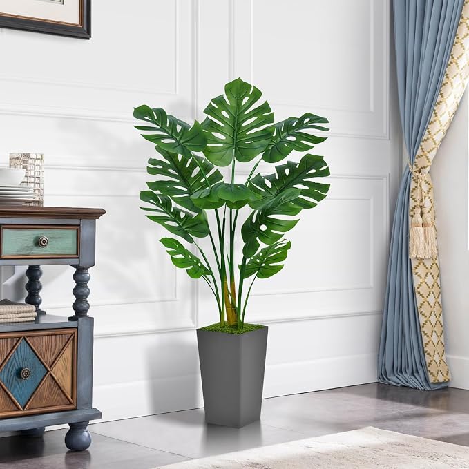 ASTIDY Artificial Monstera Deliciosa Plant 5FT - Faux Tropical Palm Tree with Gray Tall Planter - Fake Swiss Cheese Floor Plant Potted - Artificial Tree for Home Office Living Room Decor Indoor