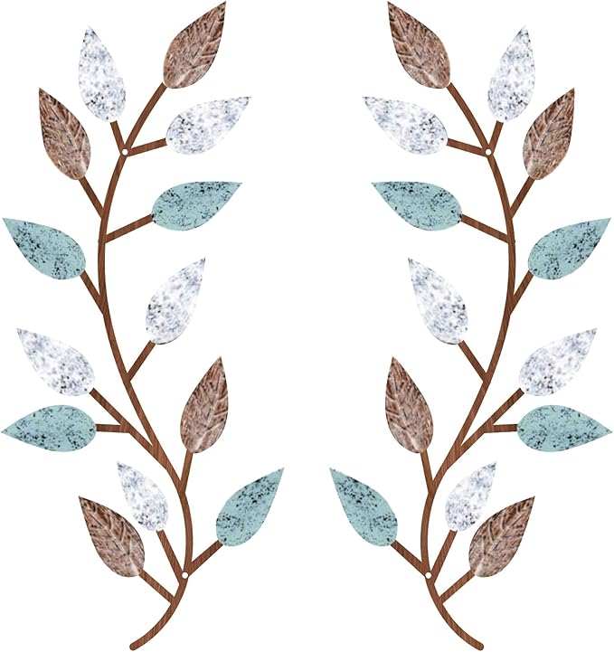 Zhengmy 2 Pieces Metal Tree Leaf Wall Decor Vine Olive Branch Leaf Wall Art Living Room, Hallway Wall Decor Outdoor Decoration(Blue Brown Colors)