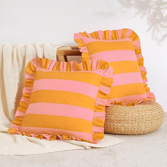 MONDAY MOOSE Decorative Throw Pillow Covers, Set of 2 Water-Resistant Striped Design with Ruffle Edge for Outdoor/Indoor Use, Pillow Inserts Not Included (20x20 inch, Light Pink/Honey)