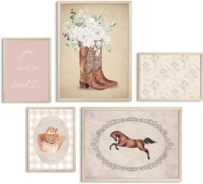 Cowgirl Nursery Wall Art Coquette Western Girl Poster Vintage Horse Floral Canvas Pictures Aesthetic Pink Preppy Room Wall Decor Rustic Cowgirl Prints for Girls Bedroom 12x16x5 Inch Wood Framed