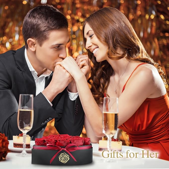 HERBMOTG 16 Forever Real Roses in Heart-Shaped Box with a Curved Design, Grade A Quality-Preserved Roses for Birthday, Mothers Day & Valentines Day (Wine)