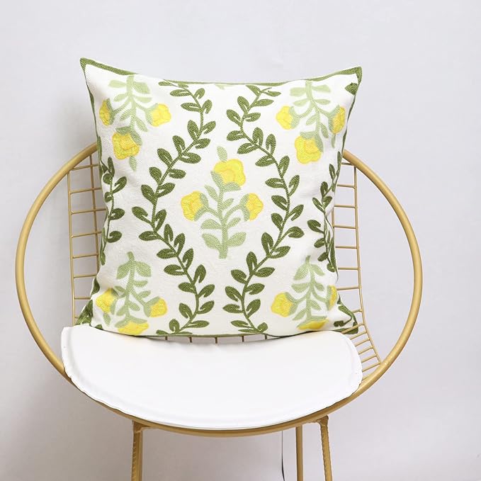 Set of 2 Embroidered Decorative Throw Pillow Covers Couch Square Pillowcases Cushion for Bedroom Sofa Farmhouse Decor 18x18 Inch (Yellow Floral)