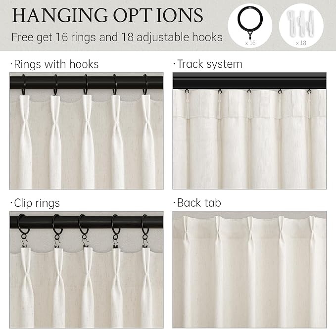 Pinch Pleated Linen Curtains 96 Inches Long for Living Room Bedroom Natural Birch Cream Ivory Thick Linen Textured Memory Trained Light Filtering Back Tab Pleated Drapes with Hooks Rings 72 Wide