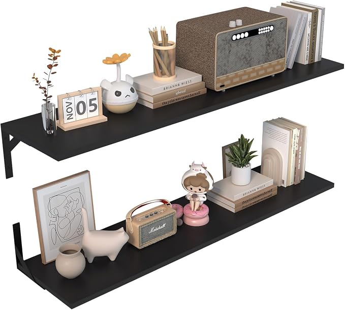Long Wall Shelves, 48" W x 12" D Large Floating Shelves Set of 2, Wide Display Wood Shelf Wall Mounted with Heavy-Duty Metal Brackets for Bedroom Books, Living Room, Kitchen, Black