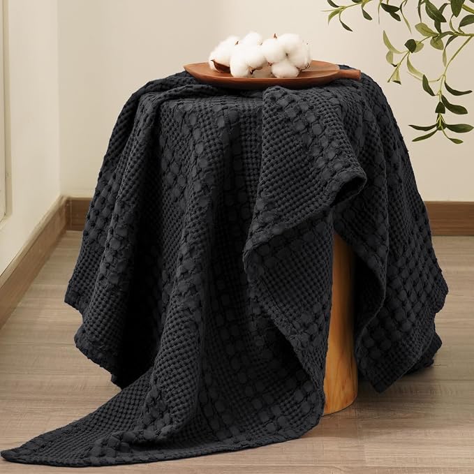 PHF 100% Cotton Waffle Throw Blanket for Couch, Lightweight Breathable and Soft for Summer, Luxury Aesthetic Waffle Weave Blanket for Home Decor & Office, Gifts for Women, 50"x60", Black