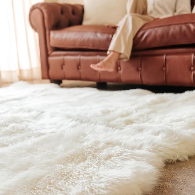 Premium 100% Genuine Sheepskin Rug 5x6 Ft – Natural White Soft & Fluffy Large Sheepskin Rug for Bedroom or Living Room – Made in Argentina