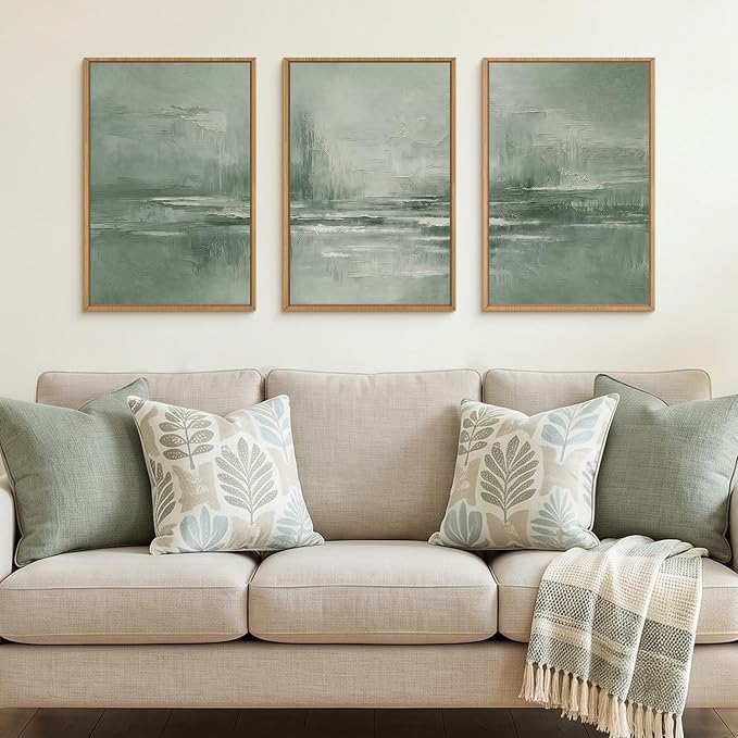 HPNIUB Large Abstract Sage Green Framed Canvas Wall Art Set,Vintage Neutral Brush Stroke Wall Decor, Minimalist Lake Landscape Artwork for Living Room,Bedroom,Office-24 x36 x3