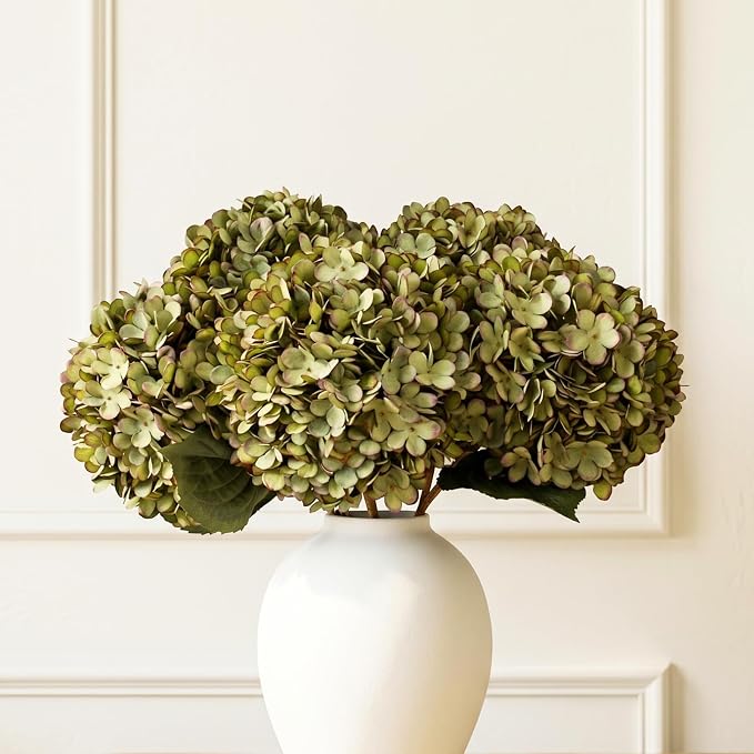RyddeligHome 5 Stems Extra Large Green Hydrangea Artificial Flowers, 19 Inch Real Touch Silk Hydrangeas, Realistic Faux Floral Stems for Modern Farmhouse Decor, Every Room Home & Kitchen Decor
