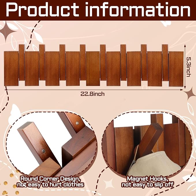 Youyole 8 Hook Wood Coat Rack Wall Mount Wooden Coat Hooks Rustic Wood Color Heavy Duty Flip Down Piano Hat Rack for Hanging Coats Keys Hats Robe Towels Home
