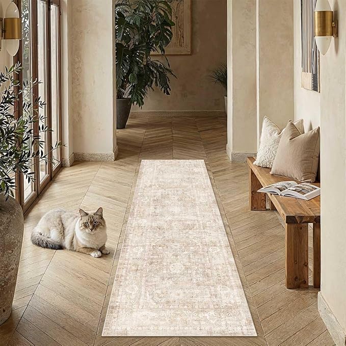 2'6x8 Beige Washable Runner Rug for Kitchen Hallway Neutral Soft Non Slip Rug Low Pile Vintage Distressed Carpet for Bathroom Bedroom Indoor Nursery