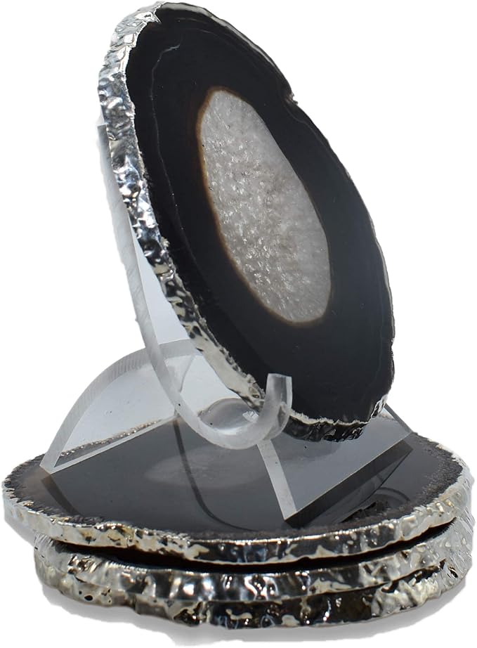 Nature's Decorations Black Silver Rimmed Agate Stone Coasters - Set of 4, Polished Geode Drink Mats for Dining & Coffee Table & Kitchen Geode Decor Non-Toxic 3.5-4” Diameter