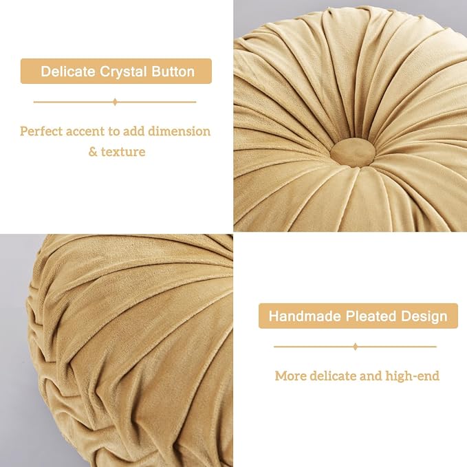 HIG Set of 2 Decorative Round Pleated Throw Pillows,Classy Accent Pumpkin Throw Pillows with Center Button,Vintage Velvet Floor Pillows for Sofa Vanity Chair Bed,Apricot,14.5" Diameter(Ripple)