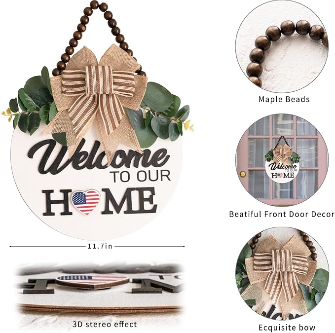 Welcome Sign for Front Door Wreath Decorations for All Seasons Front Porch Decor Hanging Gift for Farmhuose Home Outdoor Indoor (White A)
