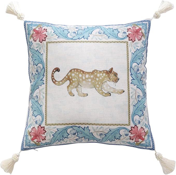 patdrea Designer French Vintage Linen Throw Pillow Cover,18"x18"-Fromm B | Elegant Decorative Pillow Case,Leopard Print with Tassel,Pillow Cover for Couch Living Room Bedroom Sofa