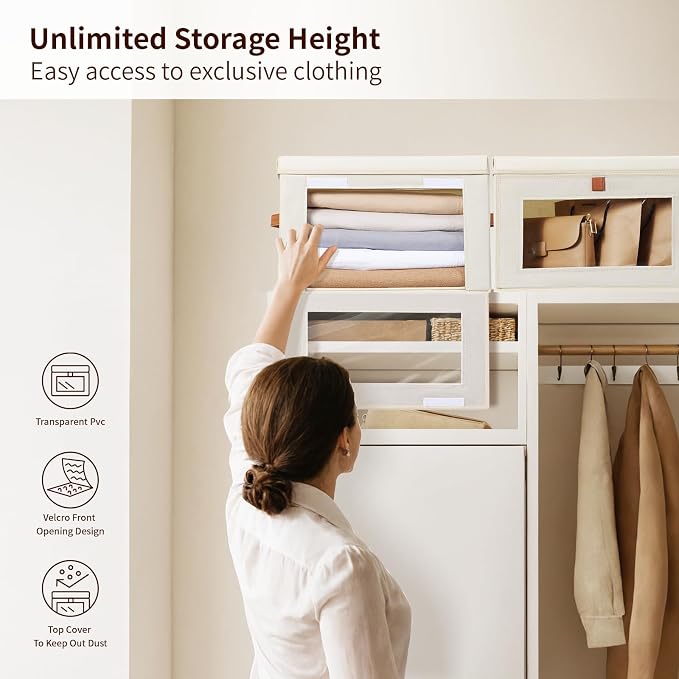 Homsorout Large Storage Bins with Lids - Fabric Collapsible Closet Storage Organizer with Window & Handles, Stackable Decorative Storage Boxes for Clothes, Blankets, Sweaters, 6 Pack, Beige