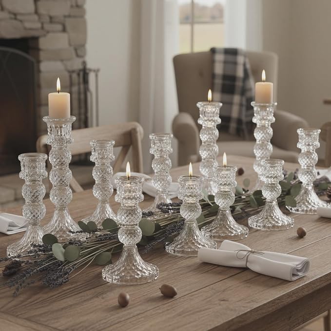 Mumufy 12 Pack Glass Taper Candle Holders Clear Candlestick Holder Fit 0.8 Inch Candles 4'' 6'' 8'' Tall Crystal Decorative Candlestick Stand Centerpiece for Table Wedding Dining Party (Vintage)
