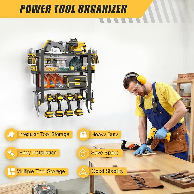 Jusgym Power Tool Organizer Wall Mount |200lbs Garage Storage Rack with 4 Cordless Drill Holder |4-Tier Heavy Duty Tool Storage Rack for Garage Organization |Gift for Men