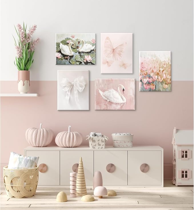 Coquette Pink Wall Art Decor Aesthetic Swan Posters Bow Flower Canvas Wall Art Preppy Cute Pictures Trendy Butterfly Posters Coquette Aesthetic Prints for Girl Dorm Room Bedroom 8x10x5 Inch Framed