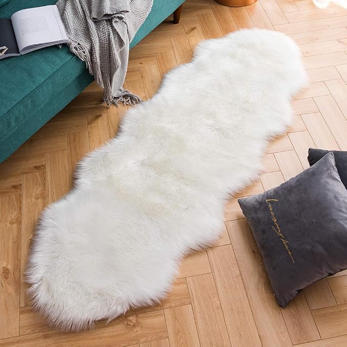 Carvapet Faux Sheepskin Rug Runner - Plush Fur Couch Pad Covers for Sofa, White Shaggy Decorative Area Rugs for Bedroom Bench 2ft x 6ft