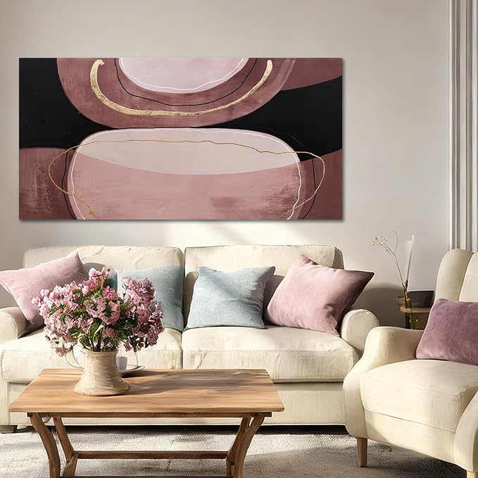 ZUNARE Abstract Earth Tone Canvas Wall Art Brown Black and Gold Line Artwork Pictures Modern Minimalist Painting for Living Room Bedroom Office Dinning room Wall Decor 24x48 Inch