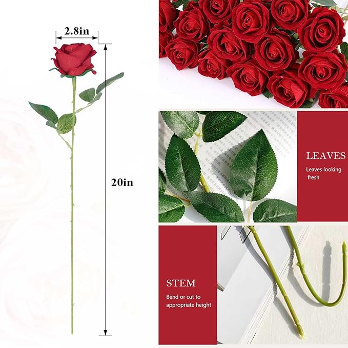 Rowfad 60 Pcs Artificial Roses Bulk Velvet Silk Red Rose Burgundy Roses for Wedding Centerpieces Bridal Bouquet Mohter's Day Valentine's Day Christmas Home Decor (60, Burgundy)