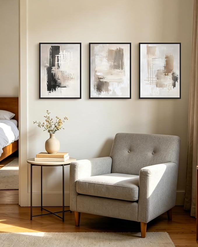 PHOPAGO Abstract Framed Wall Art Mid Century Modern Minimalist Beige Pastel Watercolor Neutral Wall Decor for Living Room Bedroom - 12x16in Black Framed