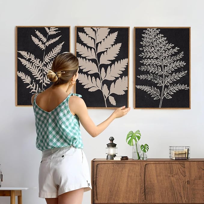 SIKERIC Vintage Black Tan Fern Leaf Wall Art, Nature Minimalis Leaves Framed Canvas Art Print Set of 3, Modern Fern Silhouette Wall Decor, Large Plant Artwork for Living Room, Bedroom, Office-24x36