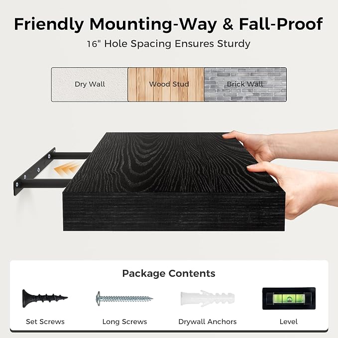 12 Inch Deep Black Floating Shelves, 24 x 12 Floating Shelf for Books, Rustic Wood Deep Wall Shelves for Home Storage & Display, 2" Thicked Shelves for Kitchen, Living Room, Bedroom, 1 Pack