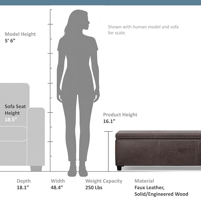 SIMPLIHOME Avalon Storage Ottoman Bench - 48" Wide x 16" High Upholstered Vegan Leather Rectangular Lift-Top Ottoman in Distressed Brown, Contemporary Bench for Living Room with High-Density Foam
