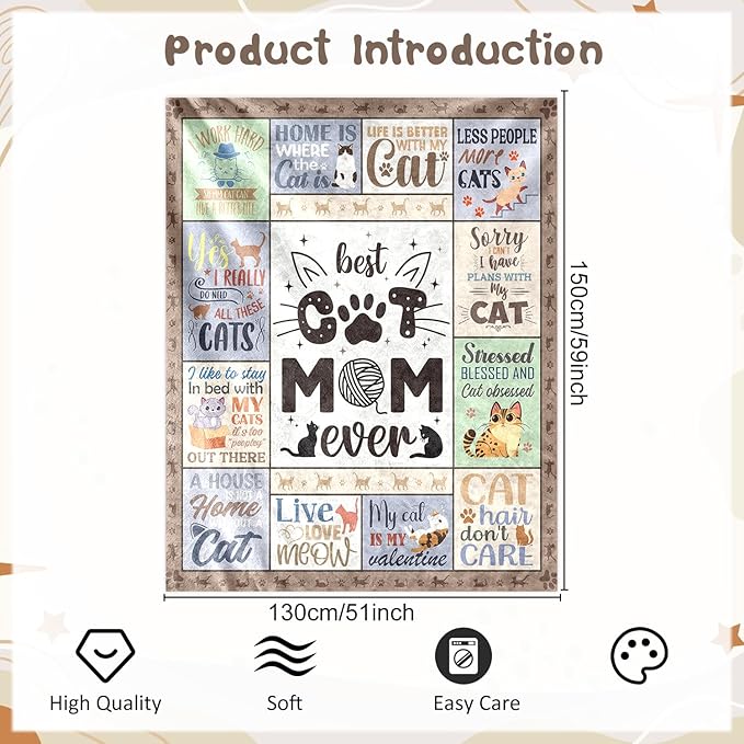 Wxiben Cat Mom Throw Blanket - Cats Mom Gifts for Cats Lovers Cat Mom Ever Throw Blanket Soft Flannel Blanket Gift for Women Pets Lover Gifts for Cats Owners Mother Chair Sofa Bed Home Decor 60x50