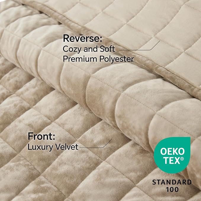 BEDELITE Velvet Quilt Set Queen Size - Luxury Soft Velvet Comforter Bedding Set for All Season, Lightweight Quilted Box Stitch Oversized Bedspread Coverlet with 2 Matching Shams, Taupe