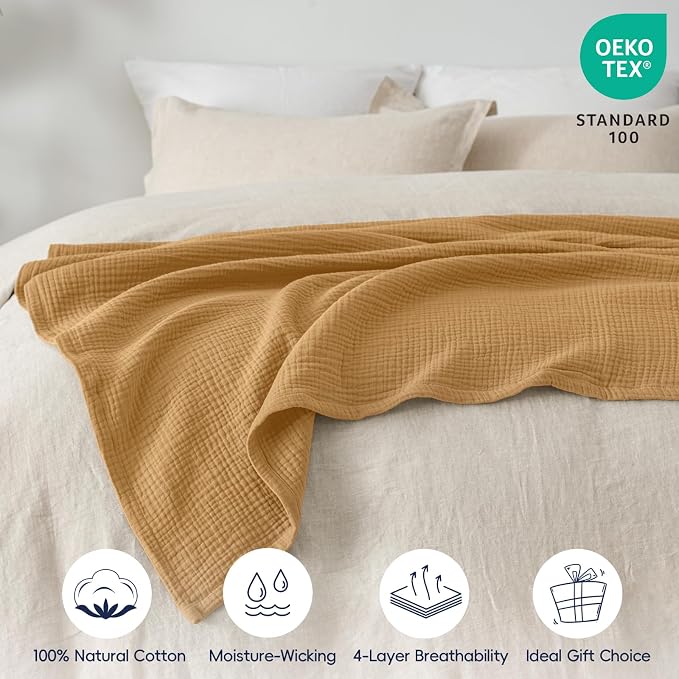 PHF 100% Cotton Muslin Throw Blanket 50" x 60", 4-Layer Lightweight Gauze Throw, Breathable Cloud-Soft Minimalist Blanket for Bed, Couch, Camping, Amber, Ideal Gift