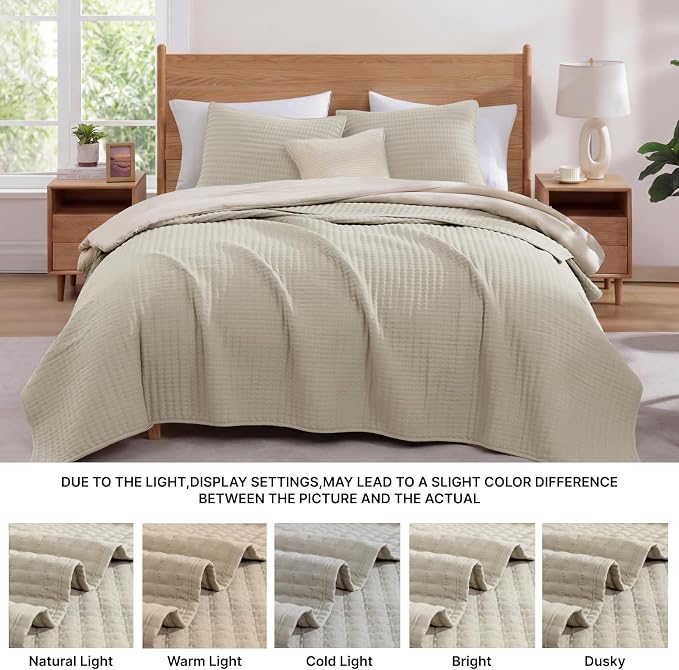 WRENSONGE King Size Quilt-3 Pieces Neutral Lightweight Bedspreads Light Oatmeal King Quilt Bedding Set for All Seasons, Soft Summer Coverlet with 2 Pillow Shams Suitable for Bed, Couch, Quilt Blanket
